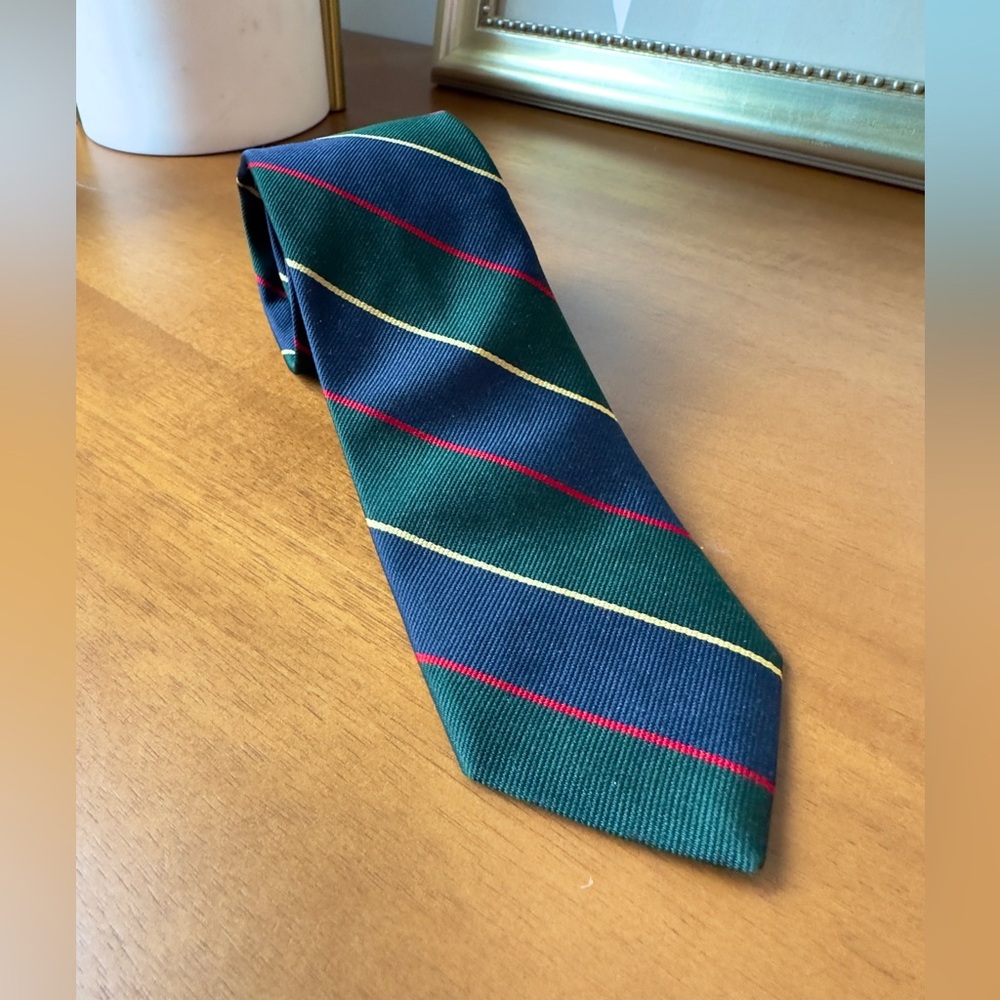 Brooks Brothers classic rep tie with green, blue, red and yellow stripes.